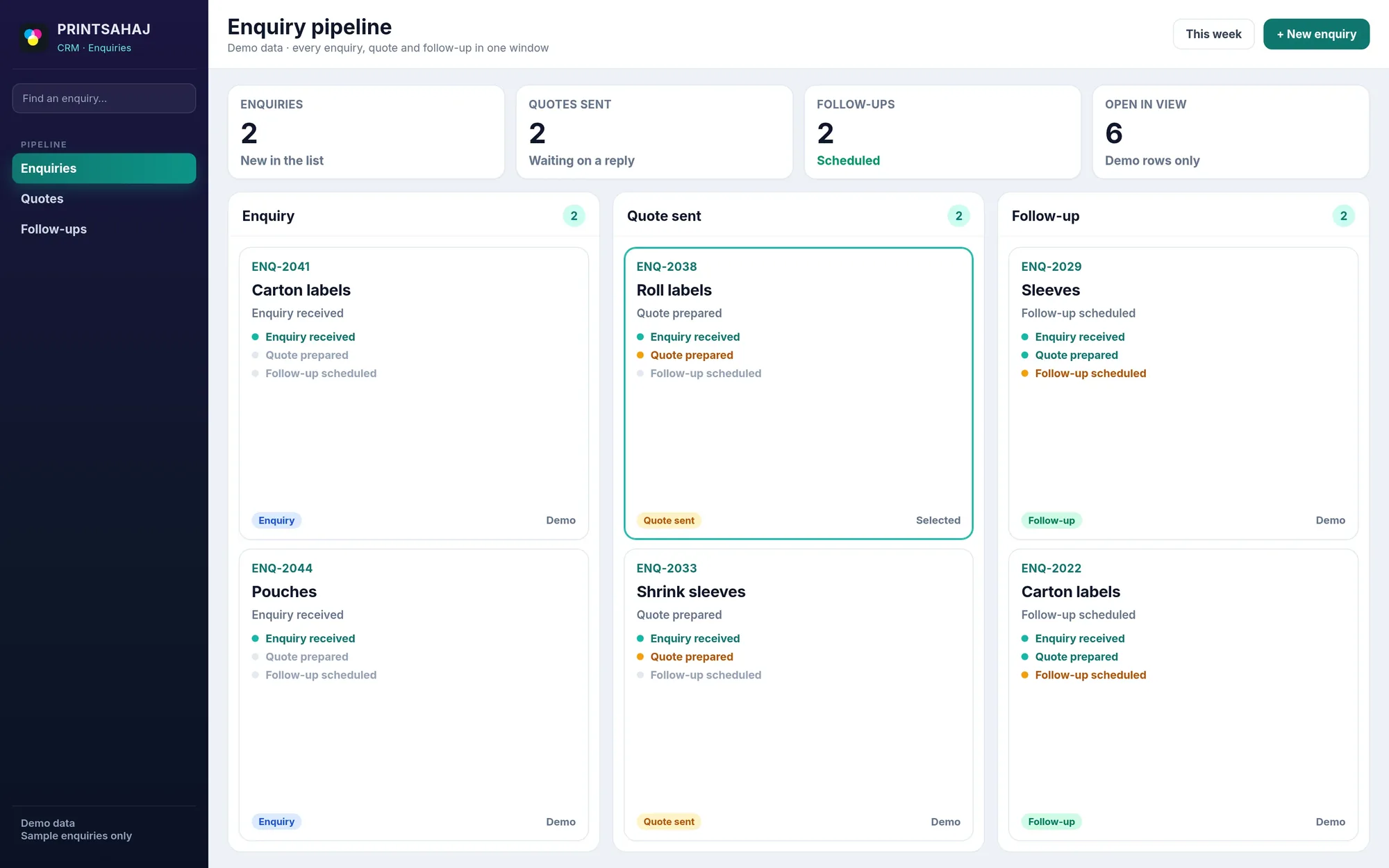 CRM enquiry pipeline